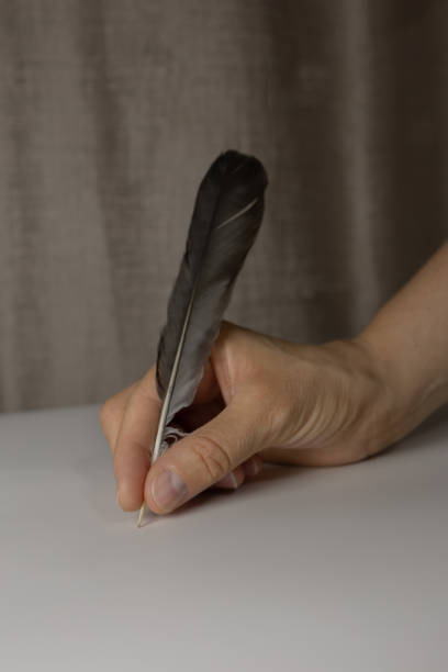 istock Hand holding quill pen isolated on the white background. 2159270349