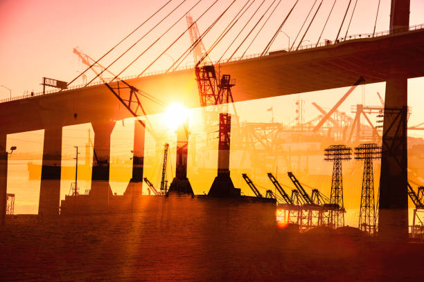 Abstract of cranes and a bridge