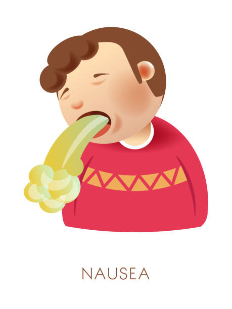 Stomach disorder, nausea or vomiting, isolated child with sickness Nausea or vomiting, stomach function disorder, isolated child vector. Boy puking, medicine and healthcare, kid throwing up, sickness and metabolism disfunction. Character retching, rotavirus infection retching stock illustrations