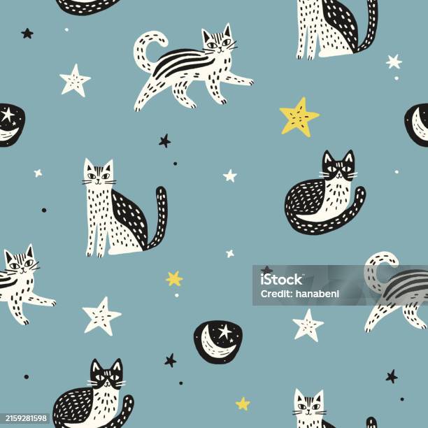 Cat Stars Pattern Seamless Pattern Swatch With Cats And Stars In Blue Background Stock ...