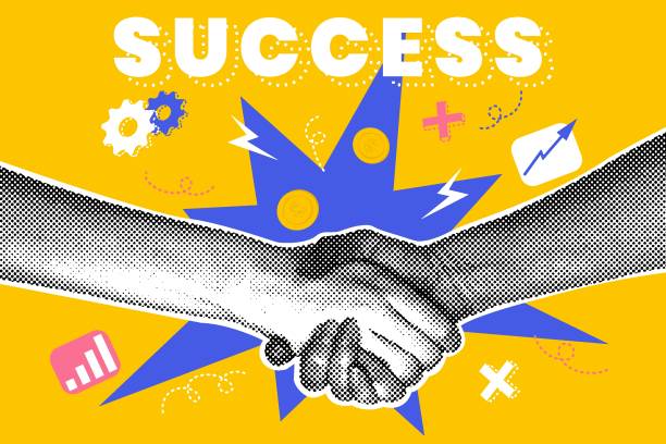 illustrations, cliparts, dessins animés et icônes de concept commercial de collage de demi-teintes à la mode. concept de contrat, contrat, conditions favorables. illustration rétro moderne à la mode sur le thème des affaires. concept d’entreprise, travail d’équipe, réalisations, défis. - poignée objet manufacturé