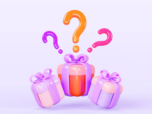 istock Mystery gift boxes with question marks on purple background 3d render icons. Closed color present packages with ribbon bow and bonus or prize signs. Game, draw, surprise, lottery win 2159285340
