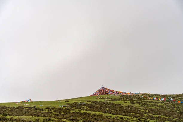 Tibetan prayer flags on the hillside on the plateau