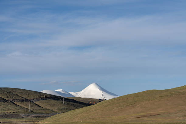 Plateau meadow and snow-capped mountains on a sunny day
