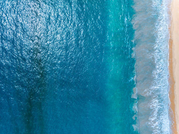 istock Aerial view sandy beach and waves crashing on sandy shore, Beautiful tropical sea surface background 2159290309