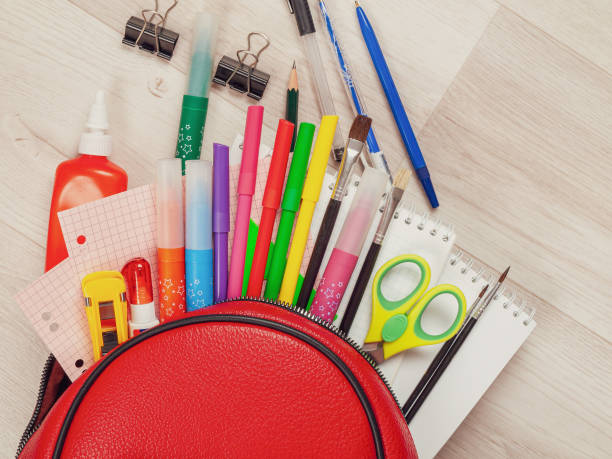 istock Stationery for studying against the background of a student's backpack close 2159291334