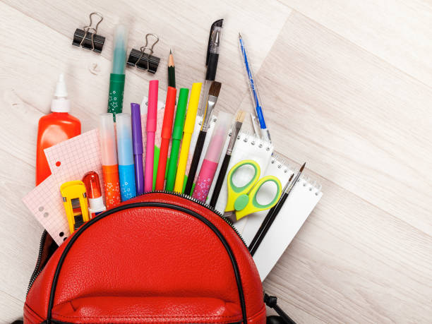 istock Stationery for studying against the background of a student's backpack 2159293440