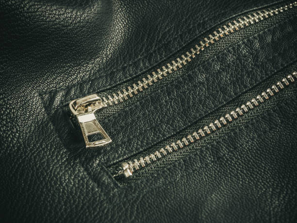 istock Jacket made of black leather fabric natural with modern fasteners selective focus 2159293980