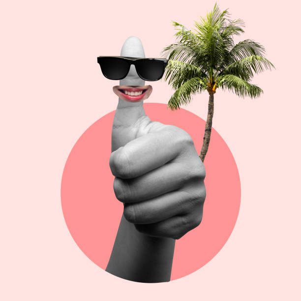 A hand with sunglasses on it is giving a thumbs up. The palm tree in the background is green and has a lot of leaves. The image has a fun and lighthearted mood