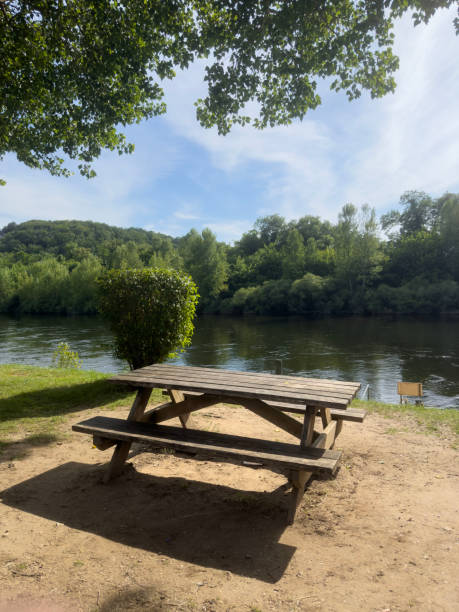 istock wooden picnic table in the park by river 2159294634