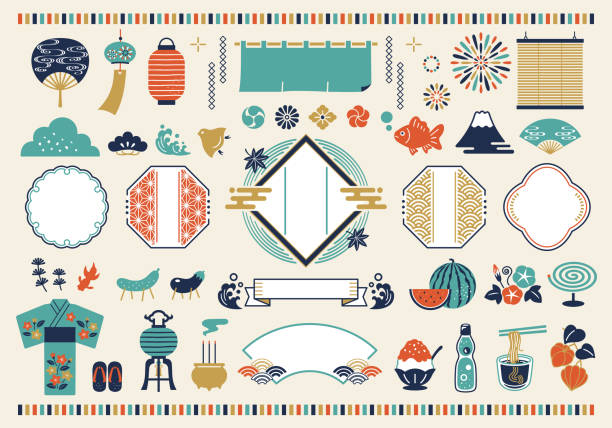 illustrations, cliparts, dessins animés et icônes de cadre de motif japonais et ensemble d’illustrations vectorielles d’été de style japonais - obon