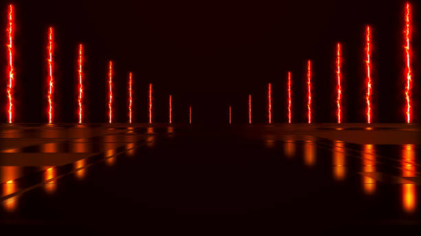 Abstract colorful background with bright neon rays and glowing lines. Wet asphalt, night view. Bright reflection on the concrete floor. Night empty stage, studio. Dark abstract background. 3D rendering.