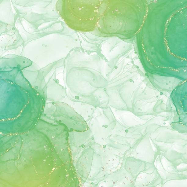 istock Alcohol ink art abstract square banner. Yellow-green gradient circles and gold glitter on marble background 2159305393