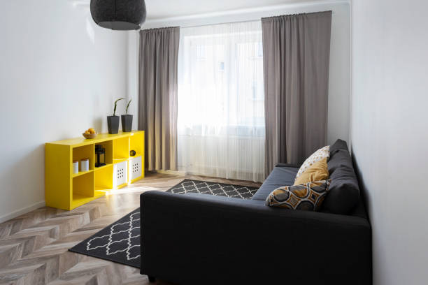 Simplicity in living room with window and curtain, sofa and carpet - decor on wooden floor. Home interior.