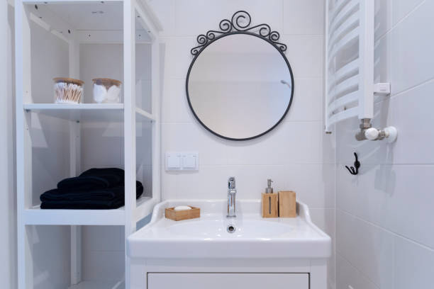 istock Ceramic sink on cupboard with shelf in rustic bathroom in cottage. Interior decor. 2159309933
