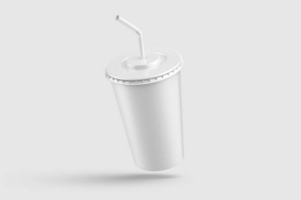 Paper soda cup with straw mockup template, isolated on light grey background. High resolution.