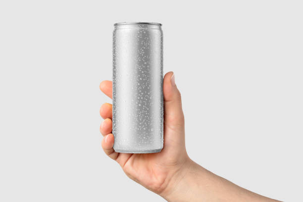 istock Aluminium drink can 250ml with water drops in a hand mockup template, isolated on light grey background. 2159311053