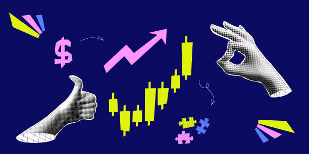 istock Halftone collage with hand chart. Growth finance business and marketing. Bright concept with halftone hand. Vector contemporary illustration 2159311536