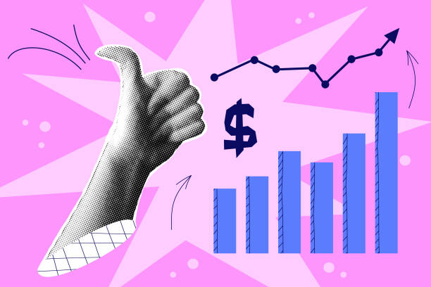 istock Halftone collage with hand chart. Growth finance business and marketing. Bright concept with halftone hand. Vector contemporary illustration 2159311541