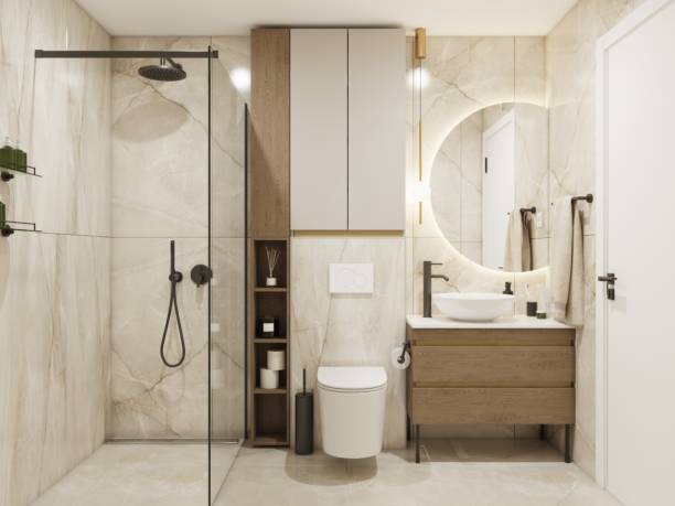 istock Elegant Beige Marble Bathroom 2159313100