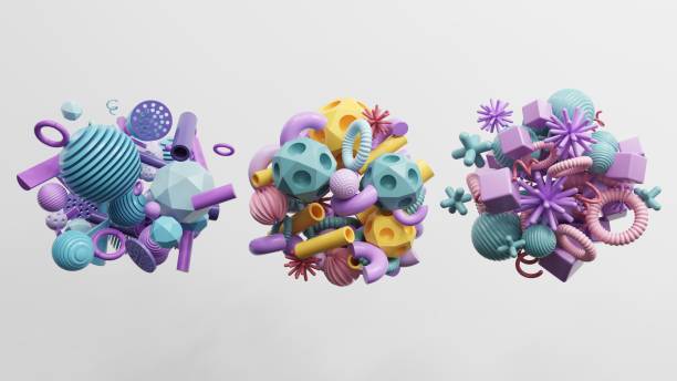 istock Abstract geometric shapes in different colors - 3d render. Set, composition in bright and pastel colors from objects, figures, primitives. 2159314065