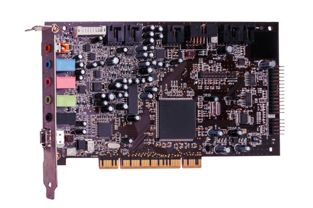 Audio card for playback audio processing of an audio signal for connection to a computer connector isolated on a white background close-up