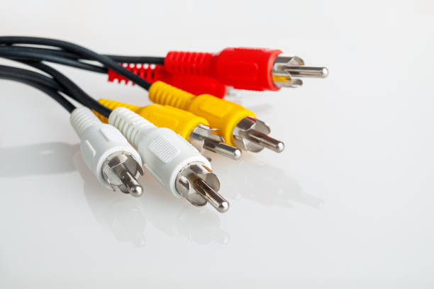 connectors inputs and outputs audio and video for signal devices, isolated on white background close-up