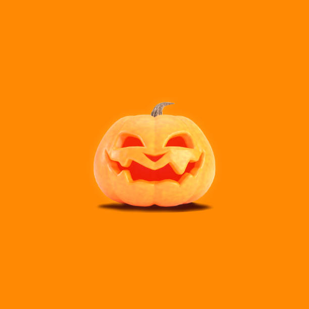 Jack o lantern isolated on orange square background for halloween concept. Smiling orange pumpkin backdrop idea, social media template design.