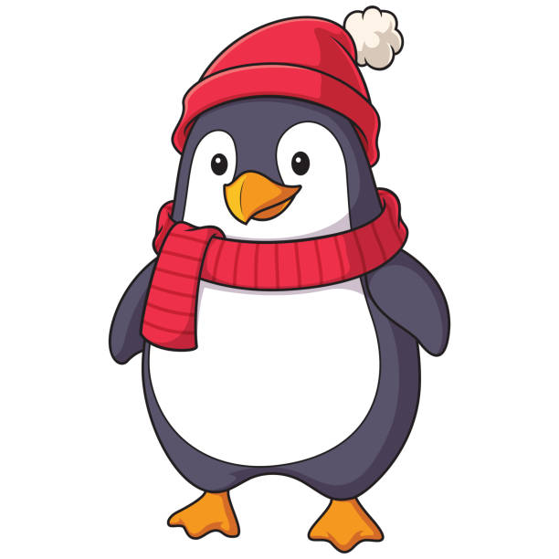 Cute Winter Penguin Cartoon Vector Clip Art Stock Illustration