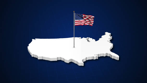 This stock image features a 3D map of the USA with an American flag waving proudly, symbolizing patriotism and national identity. The detailed grid and outline of the country are complemented by the flag's iconic stars and stripes. This visual representation captures the essence of America, emphasizing themes of freedom, unity, and independence, with a dynamic perspective that brings the map to life.