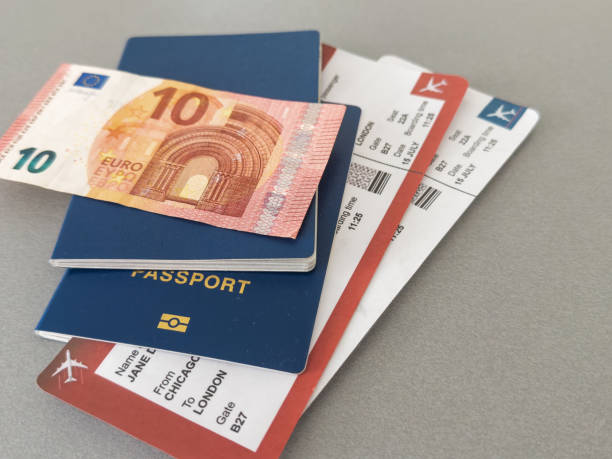 istock Euro, Passport and air tickets on a black background. mockup empty blank, copy space. 2159325295