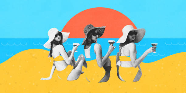 contemporary art collage. young women, wearing swimsuits made from beach landscape, enjoy drinks while lounging on sand. - aura fotos stockfoto's en -beelden