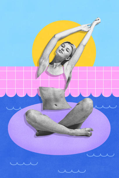 istock Contemporary art collage. Woman stretches gracefully while floating on pool ring, her swimsuit made from vibrant poolside landscape 2159330699