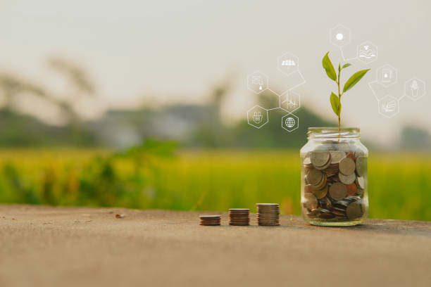 istock Saving and a coin glass on the floor nature background 2159338281