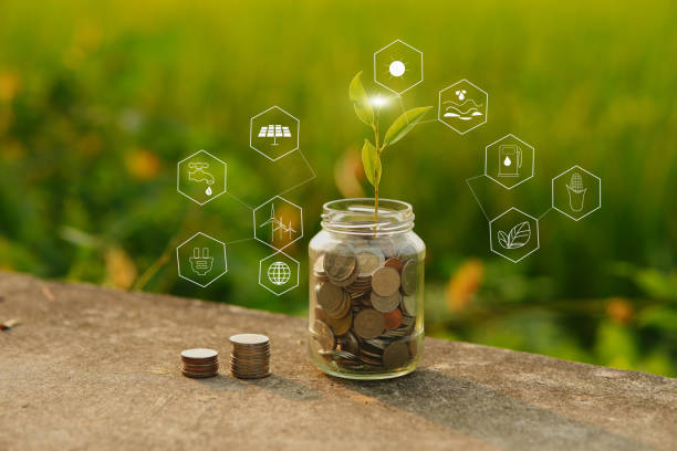 istock Saving and a coin glass on the floor nature background 2159338284