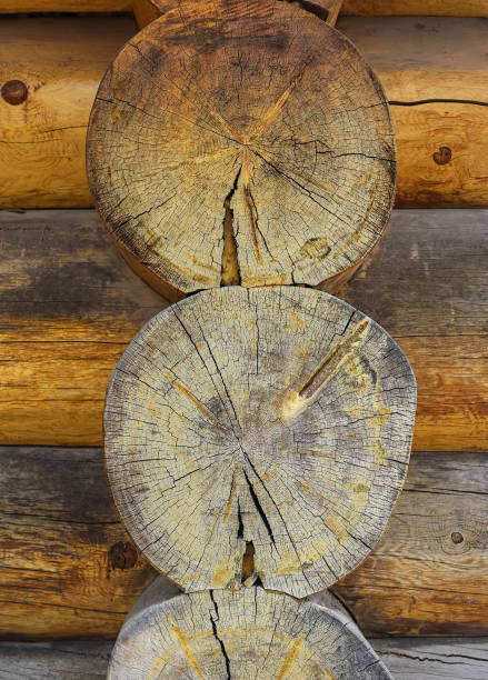 A close-up view of a traditional wooden log cabin corner, revealing natural wood textures and vintage craftsmanship. The image captures the rustic charm and timeless beauty of logs naturally weathered by time.