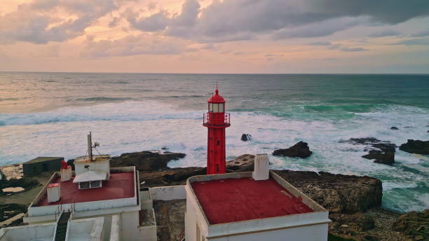 Red and white lighthouse.