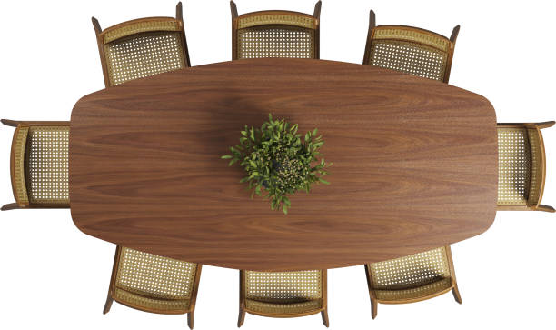 istock Top view of wooden dining table with chairs 2159343119