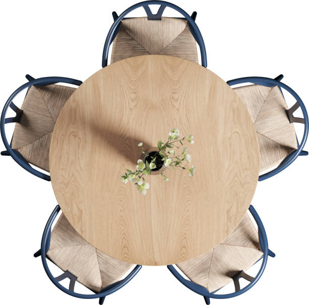 istock Top view of wooden round dining table with chairs 2159343306