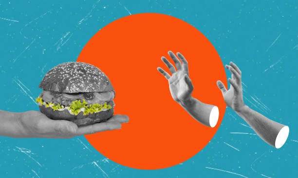 istock Contemporary art collage depicting a hand with a burger and hands that refuse to take them. 2159344156