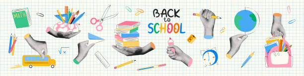 Halftone hands holding school sullpies collage vector illustration Trendy back to school collage elements set. Halftone hands holding school supplies and stationery. Backpack and pencil case, stack of books, writing tools, yellow bus. Modern retro vector illustration weird spot stock illustrations