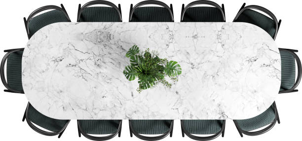 istock Top view of white marble dining table with chairs 2159344266