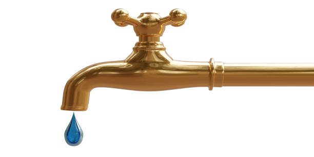 istock Faucet with water drop isolated on white transparent, 3d render 2159344446