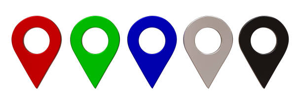 Map pin pointers location indicators isolated on transparent. Travel navigation GPS concept. 3d render
