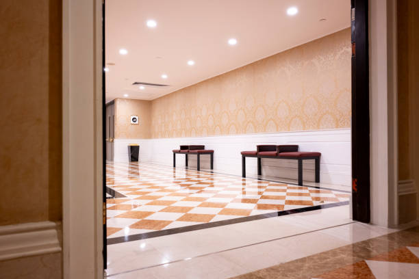 Public corridors of large luxury hotels