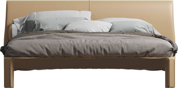 istock Front view of double bed with caramel leather headboard 2159347423
