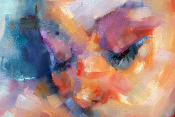 abstrak lukisan cat minyak melamun potretmata close-up seorang wanita berbaju biru - seni ilustrasi stok