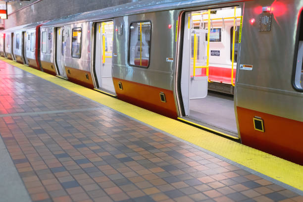 Massachusetts, USA - 19 April 2024. Open subway train at Alewife station  platform, MBTA American public transportation
