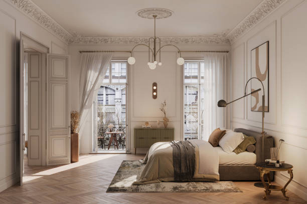 istock Victorian style bedroom with access to balcony in 3D 2159352085