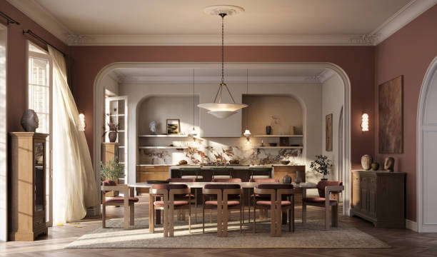 istock 3D rendering of a dining area along kitchen island in modern kitchen 2159352177